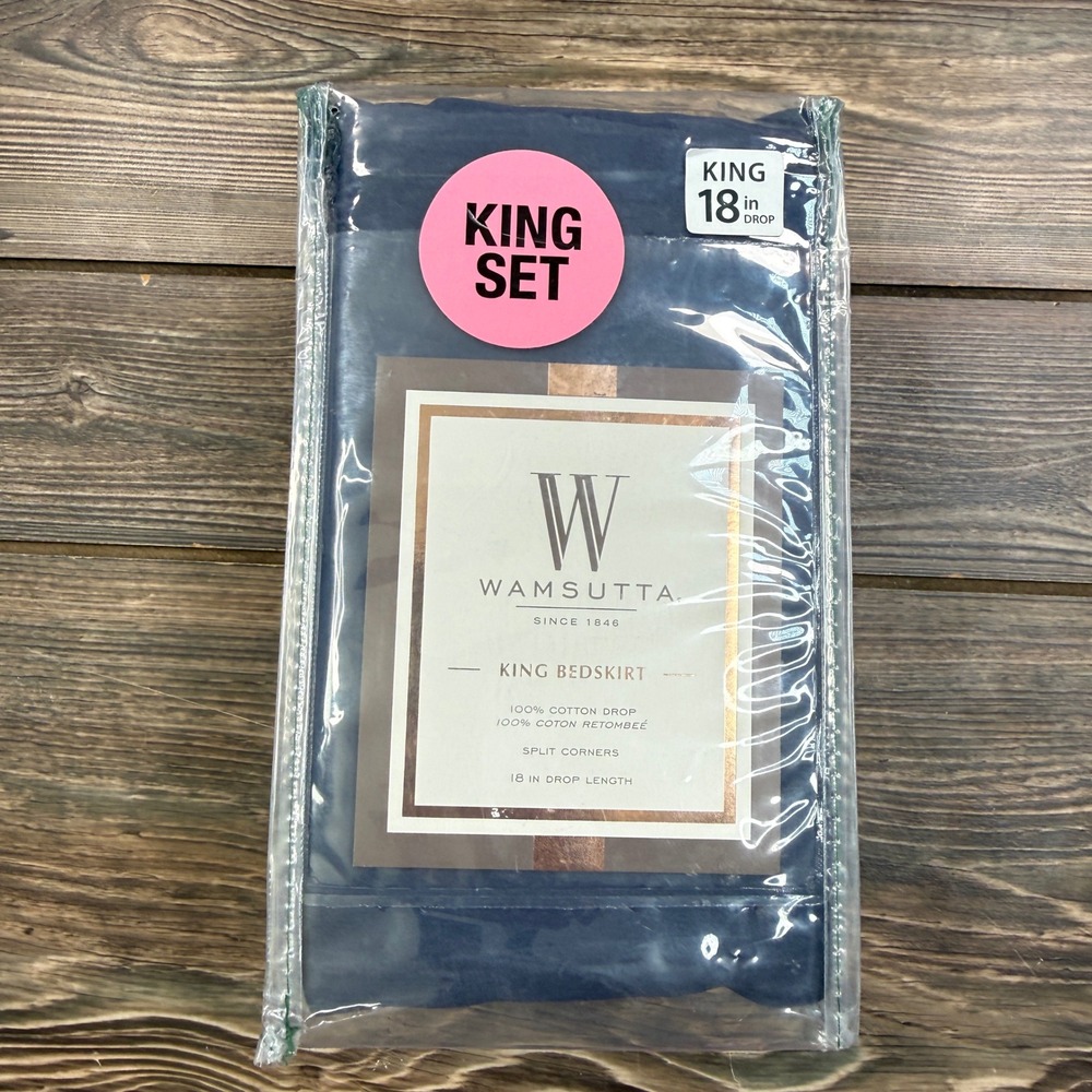 Wamsutta King Bedskirt Blue Jean 18in Drop 400TC Cotton‎ Sateen Split Corner NEW